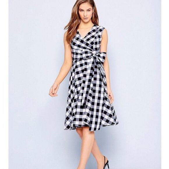 Calvin Klein Sleeveless Gingham black white checked midi fit flare Wrap Dress 10 - Picture 1 of 16